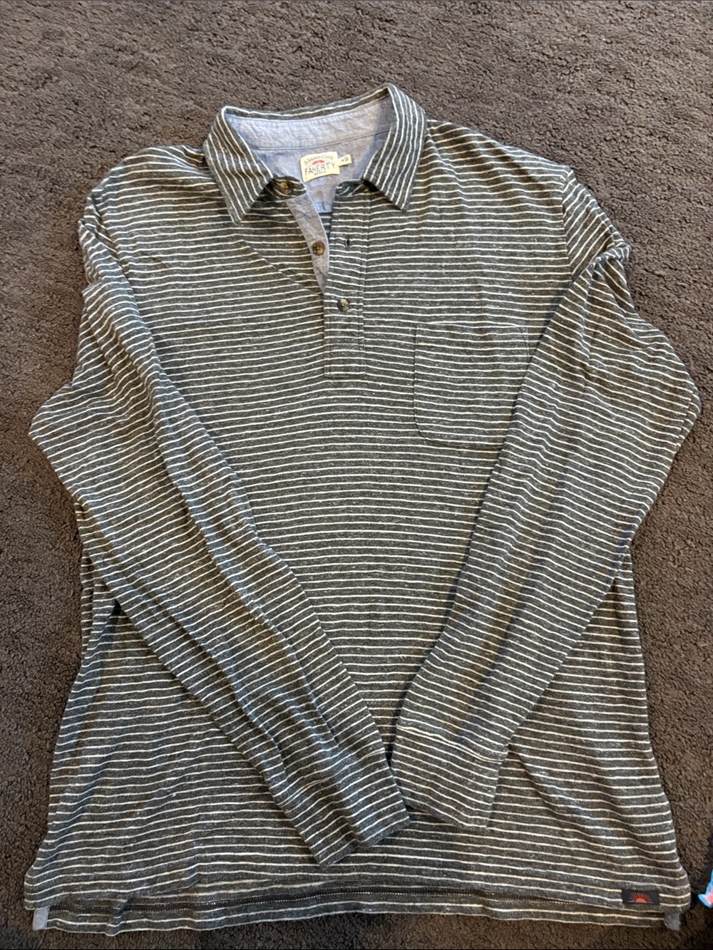 Faherty Striped Long-Sleeve Polo - Gray and White